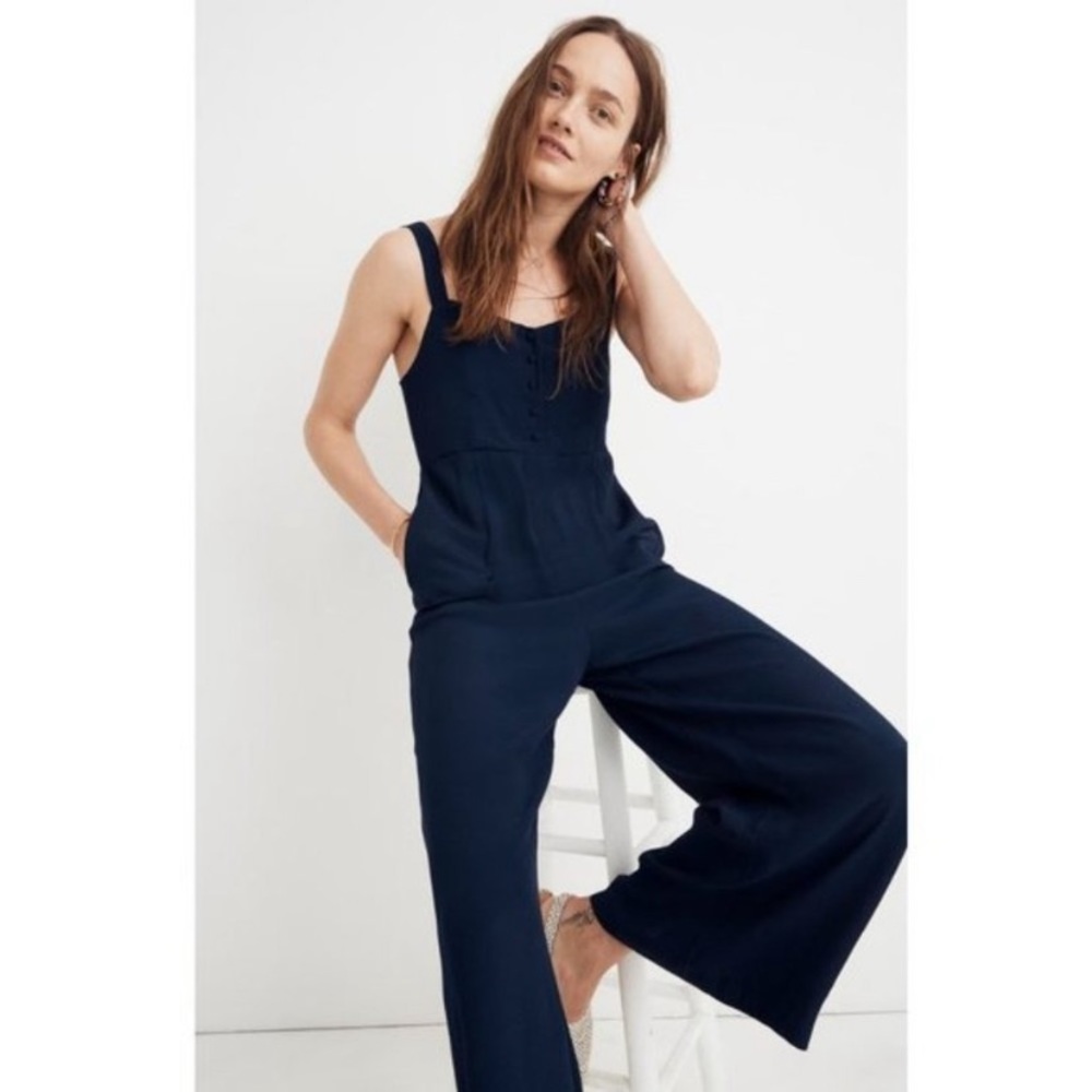 Madewell Navy Button Front Wide Leg Jumpsuit